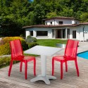Valkoinen neliöpöytä 70x70cm ja kaksi värikästä läpinäkyvää tuolia Cristal Light Terrace Alennusmyynnit