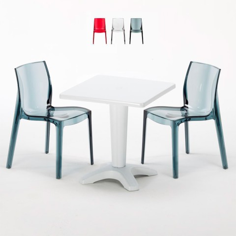 Pieni pöytä 70x70 cm neliön mallinen, 2 läpinäkyvää tuolia Caffè