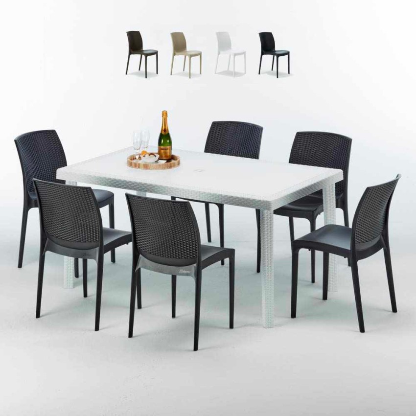 Valkoinen suorakulmainen pöytä 150x90 cm ja 6 värikästä tuolia Bohème Summerlife Alennusmyynnit