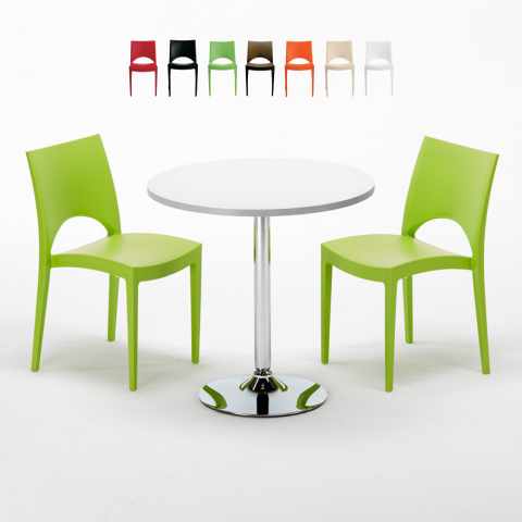 Valkoinen pyöreä pöytä 70x70cm ja kaksi värikästä tuolia Paris Long Island