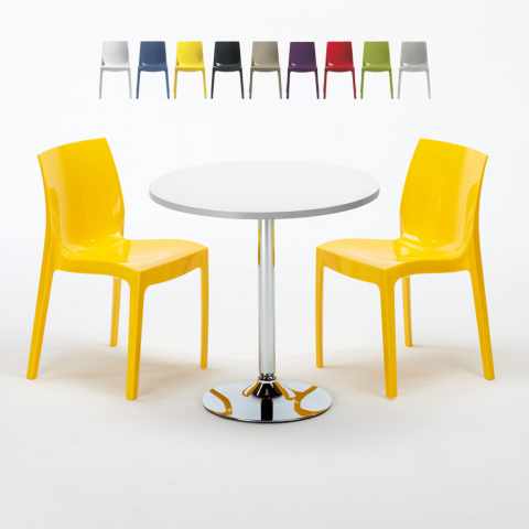Valkoinen pyöreä pöytä 70x70cm teräsjalalla ja kaksi värikästä tuolia Ice Long Island