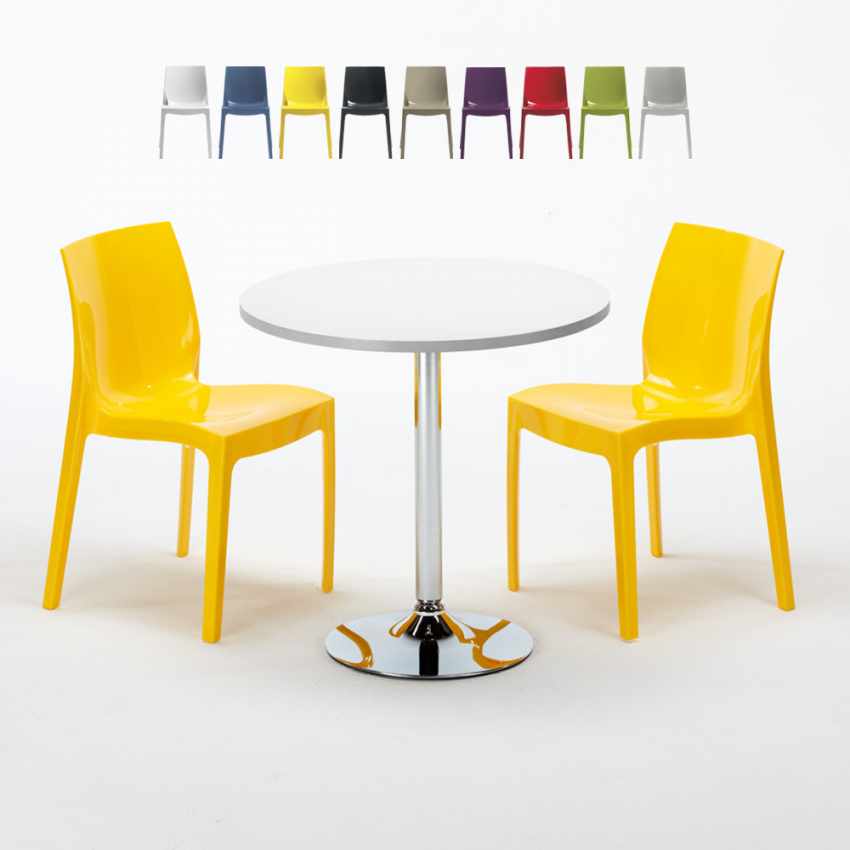 Valkoinen pyöreä pöytä 70x70cm teräsjalalla ja kaksi värikästä tuolia Ice Long Island Tarjous