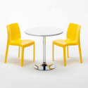 Valkoinen pyöreä pöytä 70x70cm teräsjalalla ja kaksi värikästä tuolia Ice Long Island Mitat