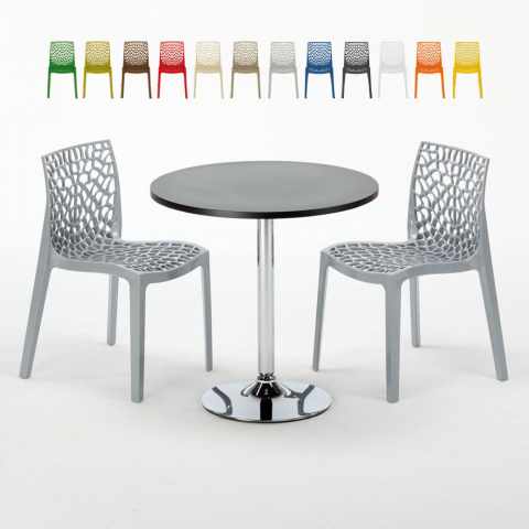 Musta pyöreä pöytä 70x70cm ja kaksi värikästä tuolia Gruvyer Cosmopolitan