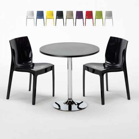 Musta pyöreä pöytä 70x70cm ja kaksi värikästä tuolia Ice Cosmopolitan