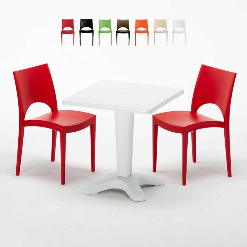 Valkoinen neliöpöytä 70x70cm ja kaksi värikästä tuolia Paris Patio Tarjous