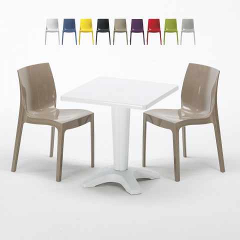 Valkoinen neliöpöytä 70x70cm ja kaksi värikästä tuolia Ice Patio