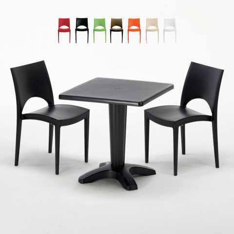 Musta neliöpöytä 70x70cm ja kaksi värikästä tuolia Paris Aia
