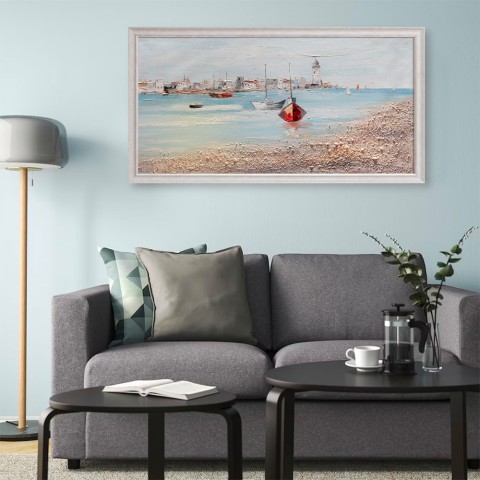 Käsin maalattu kuva kankaalle satama veneineen 60x120cm W627 Tarjous