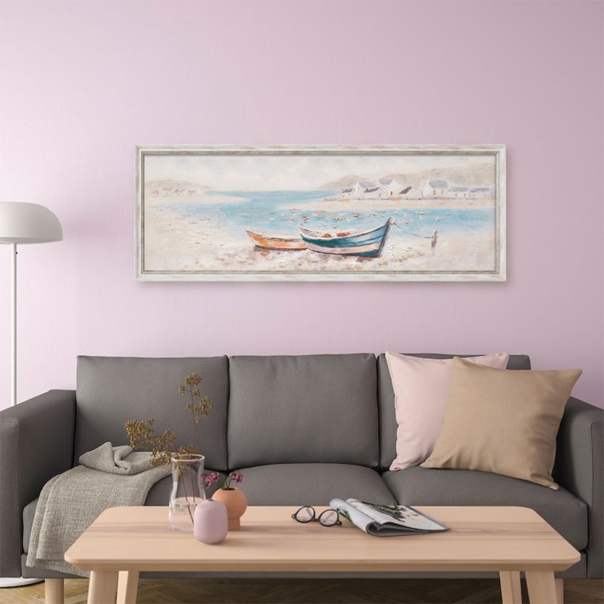 Käsin maalattu kuva kankaalle Veneet rantakadulla 30x90cm kehyksellä W800 Tarjous