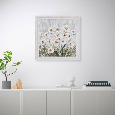 Käsinmaalattu kuva kankaalle valkoiset kukat niitty kehyksellä 30x30cm Z501