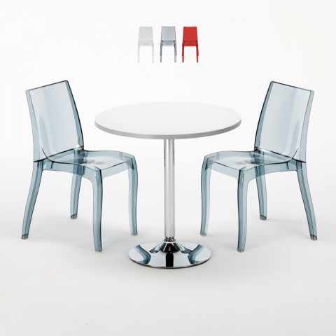 Valkoinen pyöreä pöytä 70x70cm ja kaksi värikästä läpinäkyvää tuolia Cristal Light Silver
