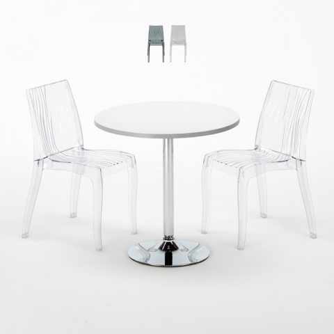 Valkoinen pyöreä pöytä 70x70cm ja kaksi värikästä läpinäkyvää tuolia Dune Silver