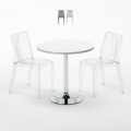Valkoinen pyöreä pöytä 70x70cm ja kaksi värikästä läpinäkyvää tuolia Dune Silver Tarjous