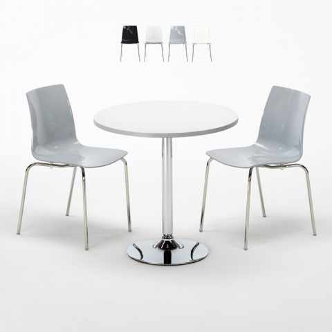 Valkoinen pyöreä pöytä 70x70cm ja kaksi värikästä tuolia Lollipop Silver