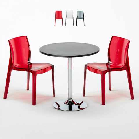 Musta pyöreä pöytä 70x70cm ja kaksi värikästä läpinäkyvää tuolia Femme Fatale Ghost