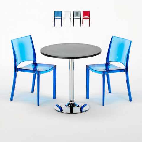 Musta pyöreä pöytä 70x70cm ja kaksi värikästä läpinäkyvää tuolia B-Side Ghost