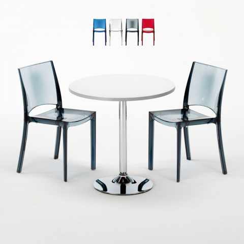 Valkoinen pyöreä pöytä 70x70cm ja kaksi värikästä läpinäkyvää tuolia B-Side Spectre