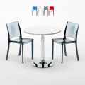 Valkoinen pyöreä pöytä 70x70cm ja kaksi värikästä läpinäkyvää tuolia B-Side Spectre Tarjous