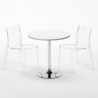 Valkoinen pyöreä pöytä 70x70cm ja kaksi värikästä läpinäkyvää tuolia Femme Fatale Spectre Varasto