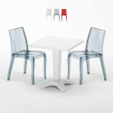 Valkoinen neliöpöytä 70x70cm ja kaksi värikästä läpinäkyvää tuolia Cristal Light Terrace Tarjous