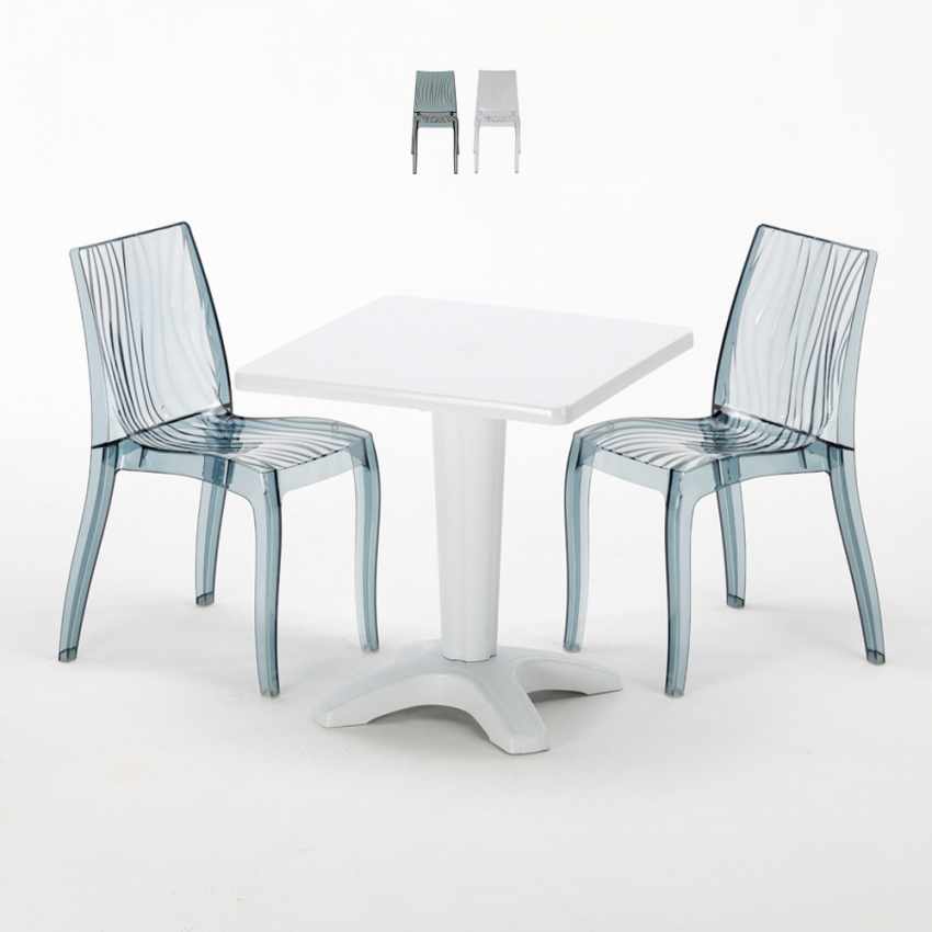 Valkoinen neliöpöytä 70x70cm ja kaksi värikästä läpinäkyvää tuolia Dune Terrace Tarjous