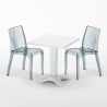 Valkoinen neliöpöytä 70x70cm ja kaksi värikästä läpinäkyvää tuolia Dune Terrace Alennusmyynnit