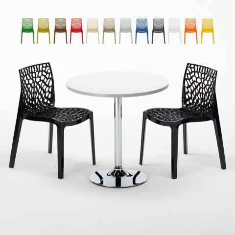 Valkoinen pyöreä pöytä 70x70cm teräsjalalla ja kaksi värikästä tuolia Gruvyer Island