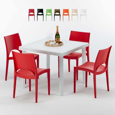 Valkoinen neliönmallinen pöytä 90x90 cm ja 4 värikästä tuolia Paris Love