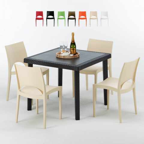 Musta neliönmallinen pöytä 90x90 cm ja 4 värikästä tuolia Paris Passion