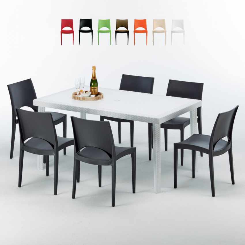 Valkoinen suorakulmainen pöytä 150x90 cm ja 6 värikästä tuolia Paris Summerlife Tarjous