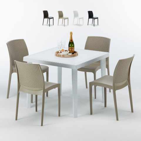 Valkoinen neliönmallinen pöytä 90x90 cm ja 4 värikästä tuolia Bohème Love