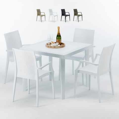 Valkoinen neliönmallinen pöytä 90x90 cm ja 4 värikästä tuolia Bistrot Arm Love