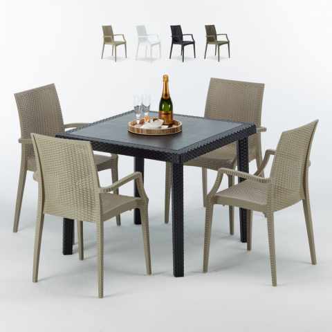 Musta neliönmallinen pöytä 90x90 cm ja 4 värikästä tuolia Bistrot Arm Passion