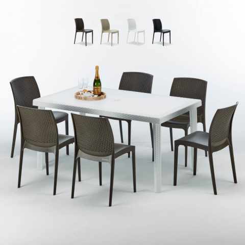 Valkoinen suorakulmainen pöytä 150x90 cm ja 6 värikästä tuolia Bohème Summerlife