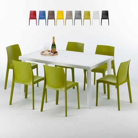 Valkoinen suorakulmainen pöytä 150x90 cm ja 6 värikästä tuolia Rome Summerlife