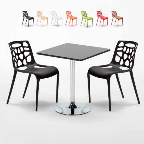 Musta neliönmallinen pöytä 70x70 cm ja kaksi tuolia Gelateria Mojito