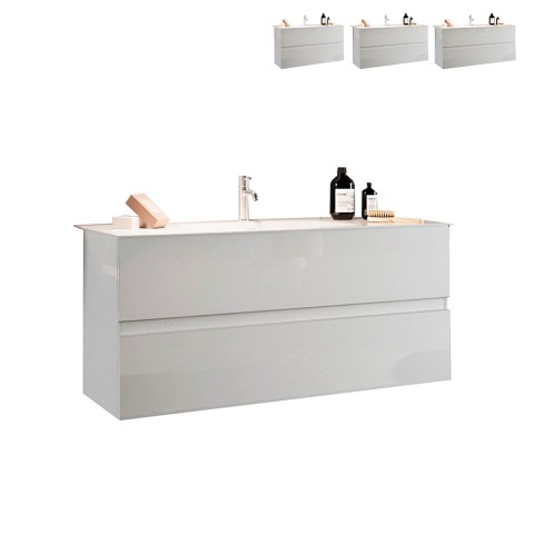 Nykyajan moderni kylpyhuonesäilytyskaluste, jossa kaksi kiiltävän valkoista laatikkoa ja ripustettava pesuallas. Tarjous