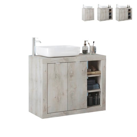 Kaksiovinen moderni valkoinen puinen lattiamallinen kylpyhuonekaappi, jossa on Griff pesuallas. Tarjous