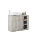 Kaksiovinen moderni valkoinen puinen lattiamallinen kylpyhuonekaappi, jossa on Griff pesuallas. Ominaisuudet
