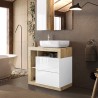Moderni lattiaan asennettava kylpyhuonekaappi, jossa on kaksi valkoista puuviimeisteltyä laatikkoa ja Jarad BW -pesuallas. Luett