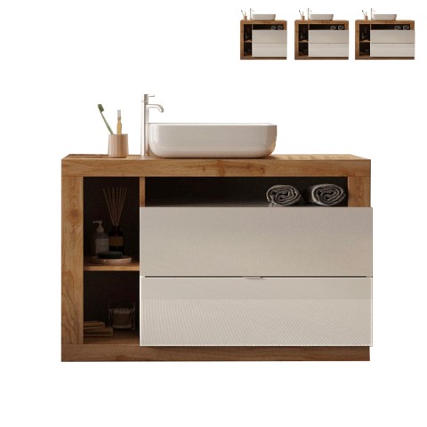Moderni lattiaan asennettava kylpyhuonekaappi, jossa on kaksi valkoista puuviimeisteltyä laatikkoa ja Jarad BW -pesuallas. Tarjo