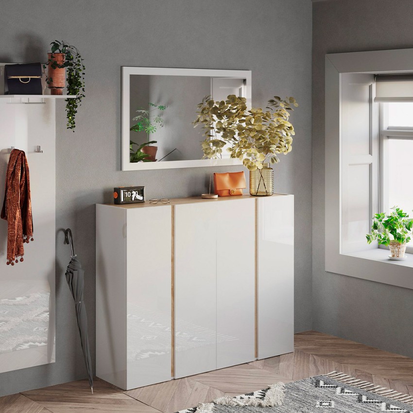 Chelsea moderni 4-ovinen kenkäkaappi, kiiltävä valkoinen tammiviilu, 140x35x111cm Tarjous