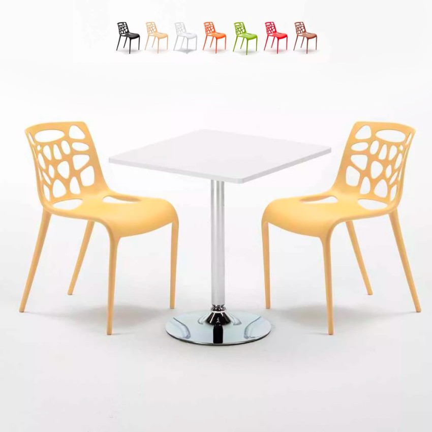 Valkoinen neliönmallinen pöytä 70x70 cm ja kaksi tuolia Gelateria Cocktail Varasto