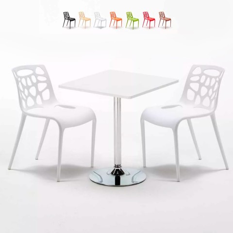 Valkoinen neliönmallinen pöytä 70x70 cm ja kaksi tuolia Gelateria Cocktail Tarjous
