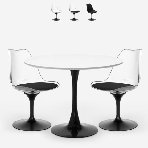 Tulppaanityylinen ruokailuryhmä Crayon, pyöreä pöytä 80 cm ja 2 tuolia, valkoinen ja musta Tarjous
