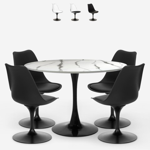 Tulppaanityylinen ruokailuryhmä Lapis+, pyöreä pöytä 120 cm ja 4 tuolia, marmorikuviointi, valkoinen ja musta Tarjous