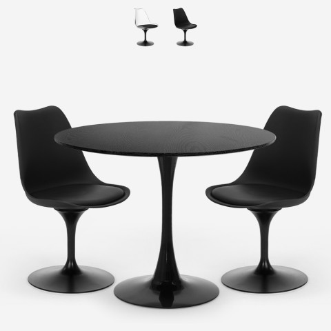 Tulppaanityylinen ruokailuryhmä Almat, pyöreä pöytä 80 cm ja 2 tuolia, musta, läpinäkyvä Tarjous