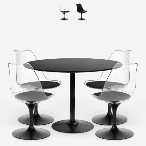 Tulppaanityylinen ruokailuryhmä Haki+, pyöreä pöytä 120 cm ja 4 tuolia, musta Tarjous