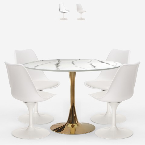 Tulppaanityylinen ruokailuryhmä Saidu+, pyöreä pöytä 120 cm ja 4 tuolia, marmorikuviointi, kulta Tarjous